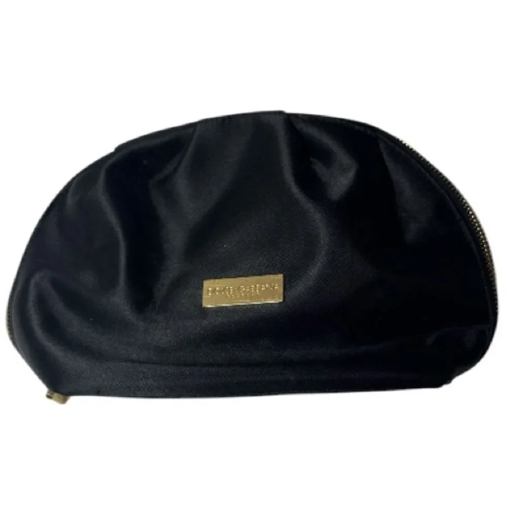Dolce And Cabbana Black Satin Cosmetic Pouch with Gold Plaque